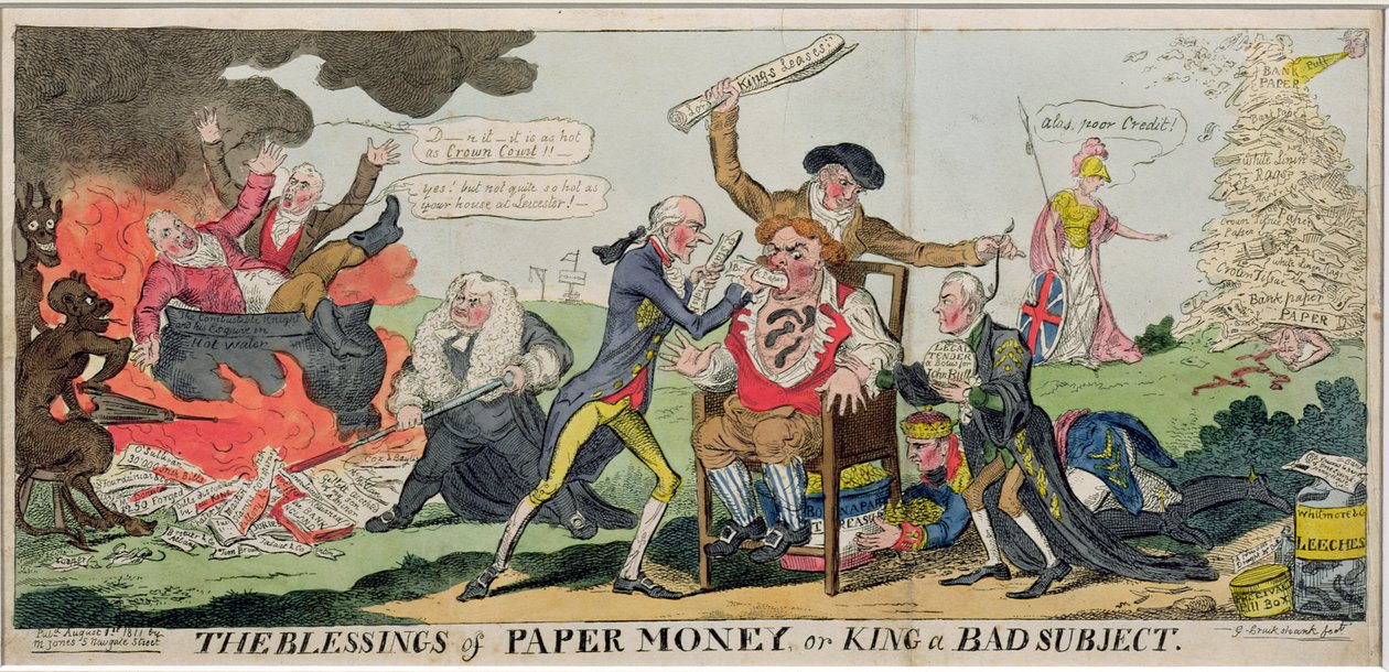 Błogosławieństwa papierowego pieniądza lub króla złego podmiotu, opublikowane w 1811 r. autorstwa George Cruikshank