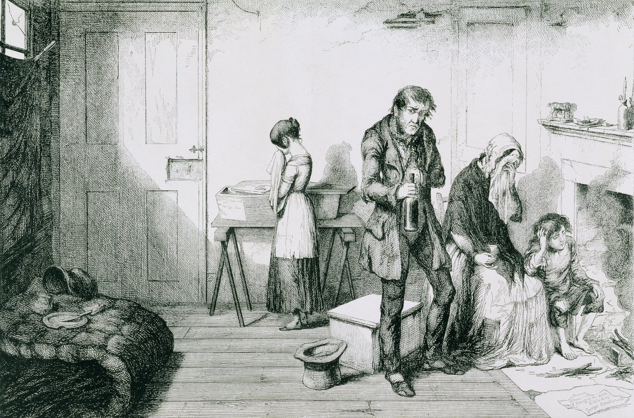 Butelka, Talerz V, Zimno, nędza i chęć zniszczenia najmłodszego dziecka: pocieszają się butelką, 1847 autorstwa George Cruikshank