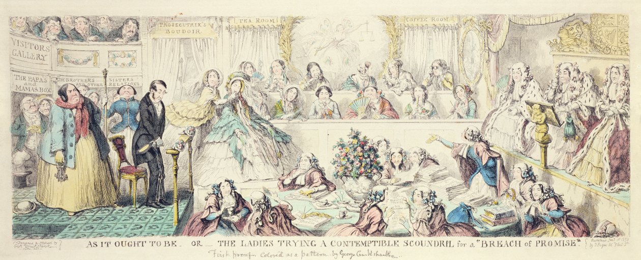Naruszenie obietnicy - ręcznie kolorowana akwaforta cartoon autorstwa George Cruikshank