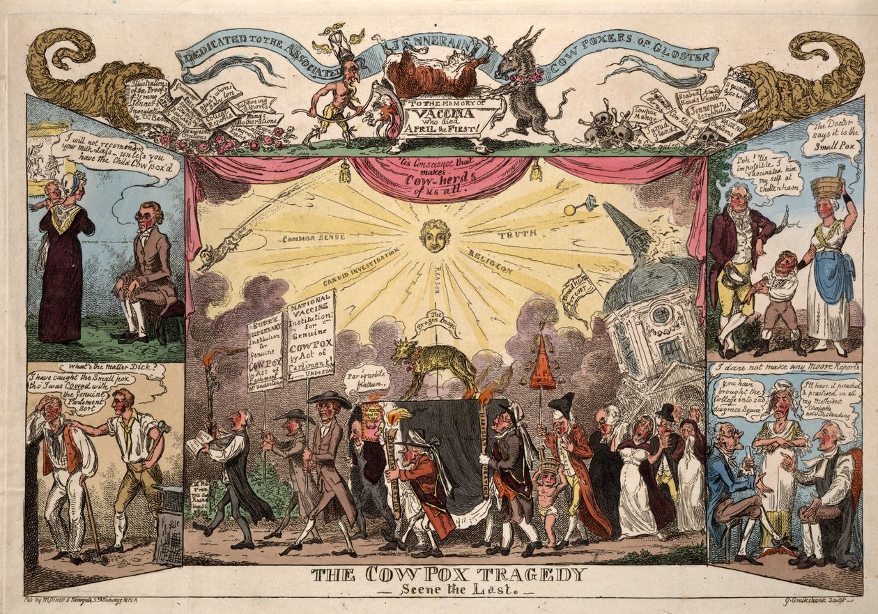 Tragedia krowiej ospy - scena ostatnia, pub. Londyn, 1812 (rycina ręcznie kolorowana) autorstwa George Cruikshank