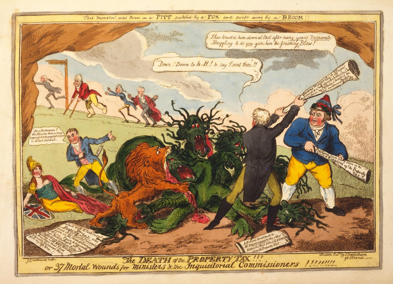 Śmierć podatku od nieruchomości!! lub 37 śmiertelnych ran dla ministrów i komisarzy inkwizycyjnych, wyd. 1816 (ręcznie kolorowane grawerowanie) autorstwa George Cruikshank