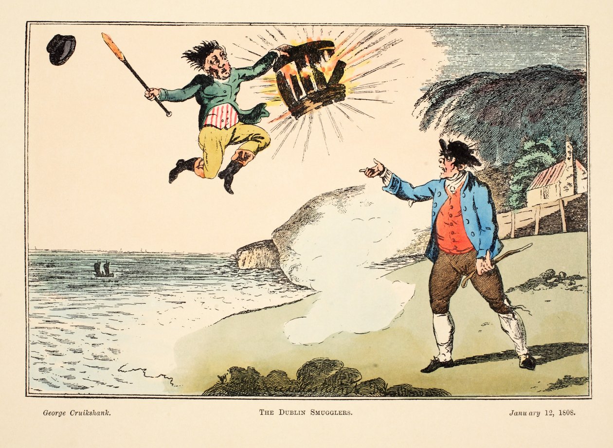 The Dublin Smugglers, 1808 (rycina ręcznie kolorowana) autorstwa George Cruikshank