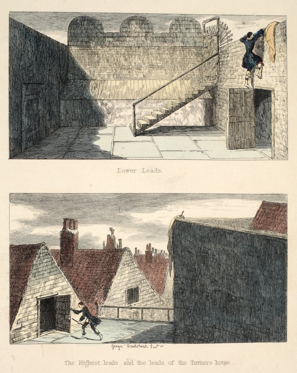 Ucieczka nr 3, ilustracja z książki Jack Sheppard: A Romance autorstwa Williama Harrisona Ainswortha, opublikowana w 1839 r. (akwaforta ręcznie kolorowana) autorstwa George Cruikshank