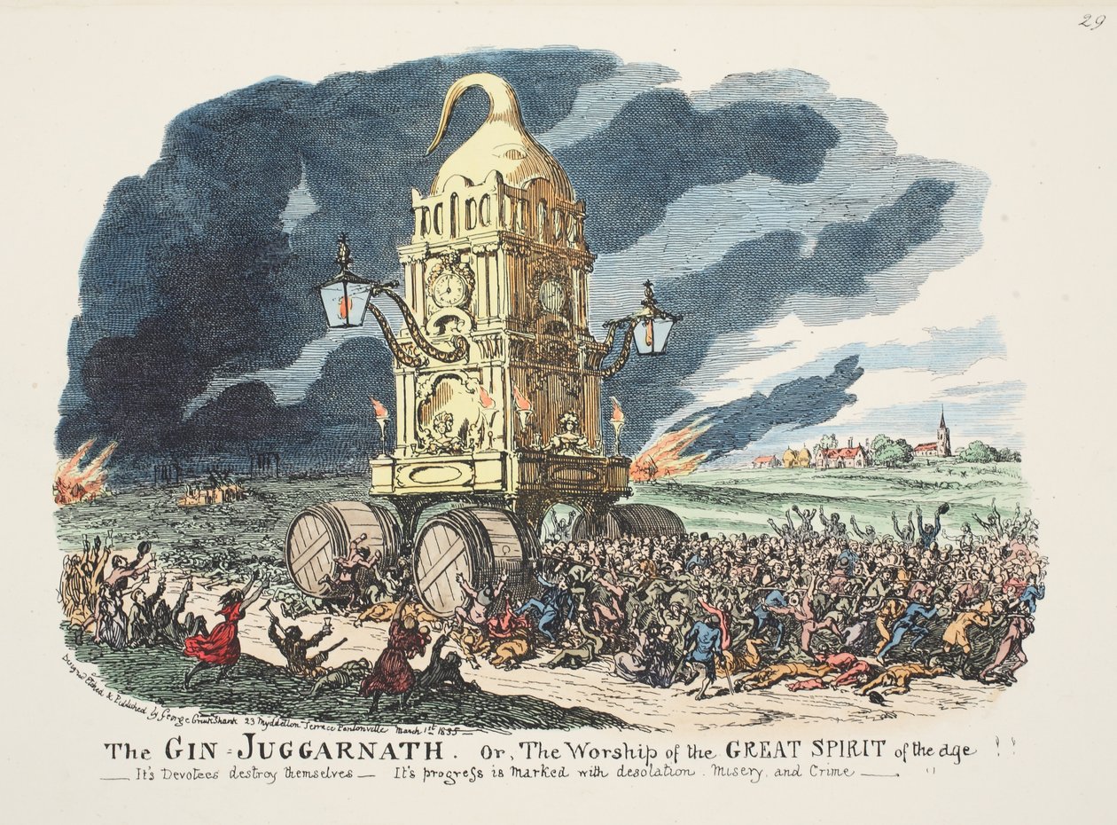 Gin Juggarnath lub Kult Wielkiego Ducha Wieku!! - Jego wyznawcy niszczą się - Jego postęp naznaczony jest spustoszeniem, nędzą i zbrodnią, pub. 1835 (grawerowanie ręcznie kolorowane) autorstwa George Cruikshank