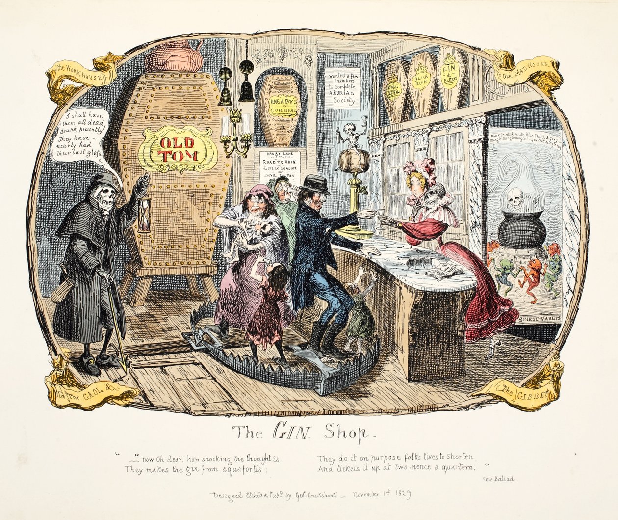 Sklep z ginem, wyd. 1829 (grawerowanie ręcznie kolorowane) autorstwa George Cruikshank