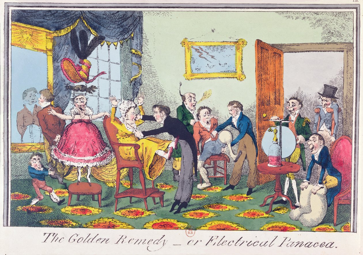 The Golden Remedy lub Electrical Panacea, 1818 (kolorowa akwaforta) autorstwa George Cruikshank