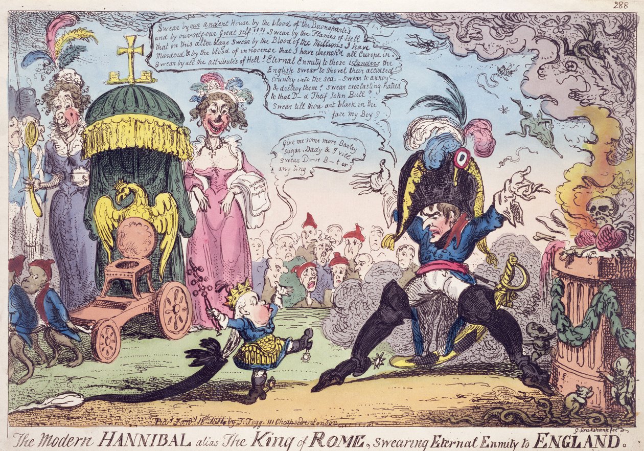Król Rzymu, 1814 - rysunek przedstawiający Napoleona i jego syna, Napoleona II (1811-32), Król Rzymu autorstwa George Cruikshank