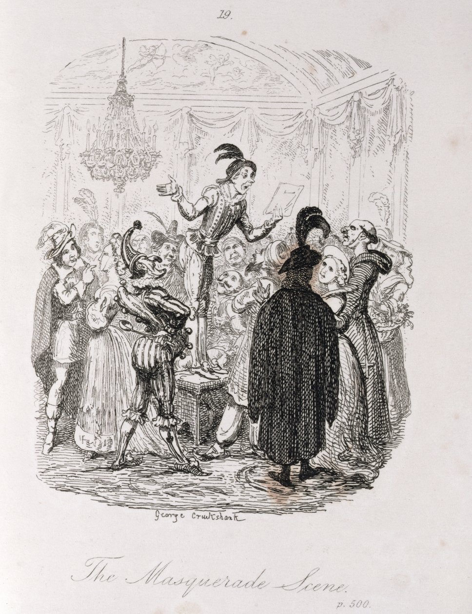 Scena maskarady z „Amelii”, rytowana przez artystę, ilustracja z „Dzieła Henry