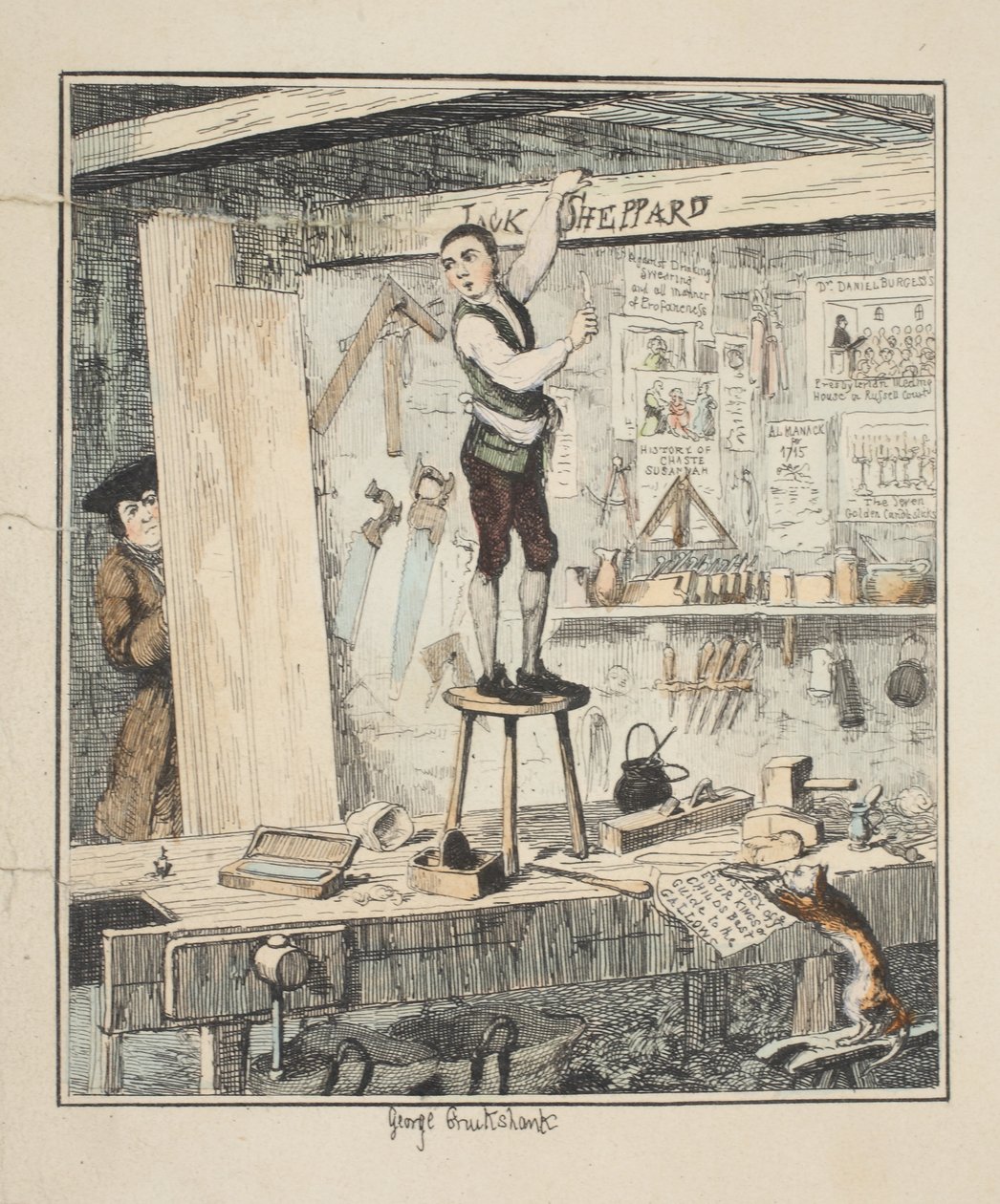 Imię na belce, ilustracja z książki Jack Sheppard: A Romance autorstwa Williama Harrisona Ainswortha, opublikowana w 1839 r. (akwaforta ręcznie kolorowana) autorstwa George Cruikshank