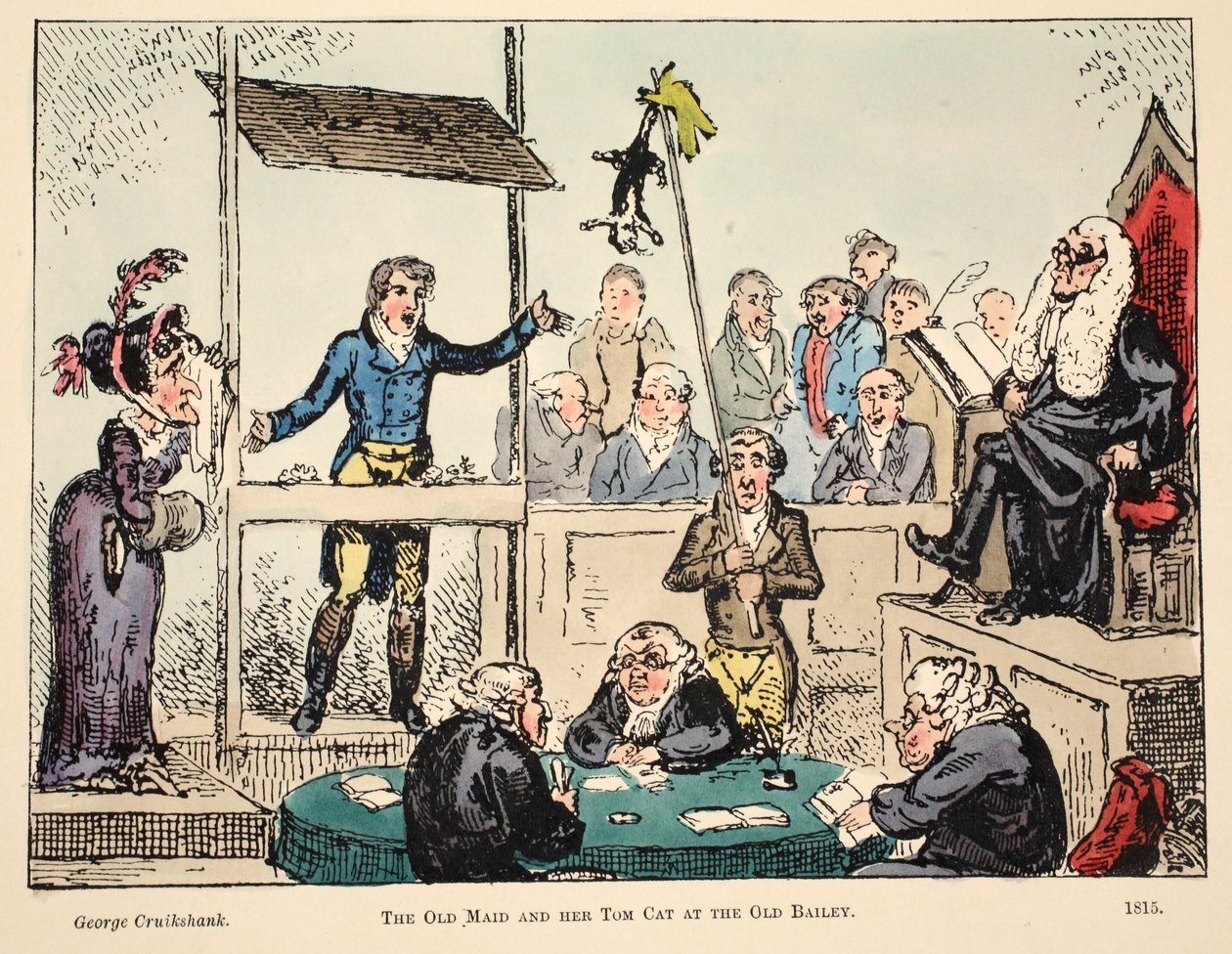 The Old Maid i jej Tom Cat w Old Bailey, wyd. 1815 (grawerowanie ręcznie kolorowane) autorstwa George Cruikshank