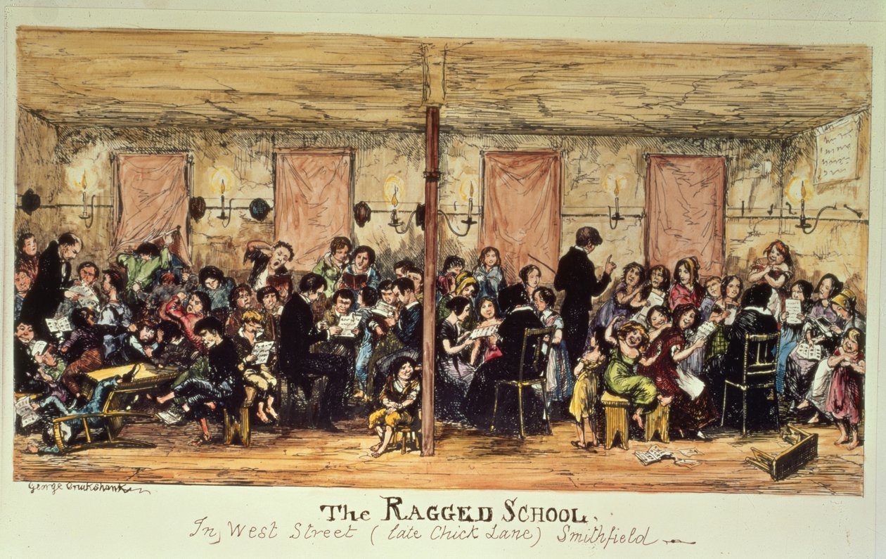 The Ragged School, West Street (wcześniej Chick Lane), Smithfield (druk) autorstwa George Cruikshank