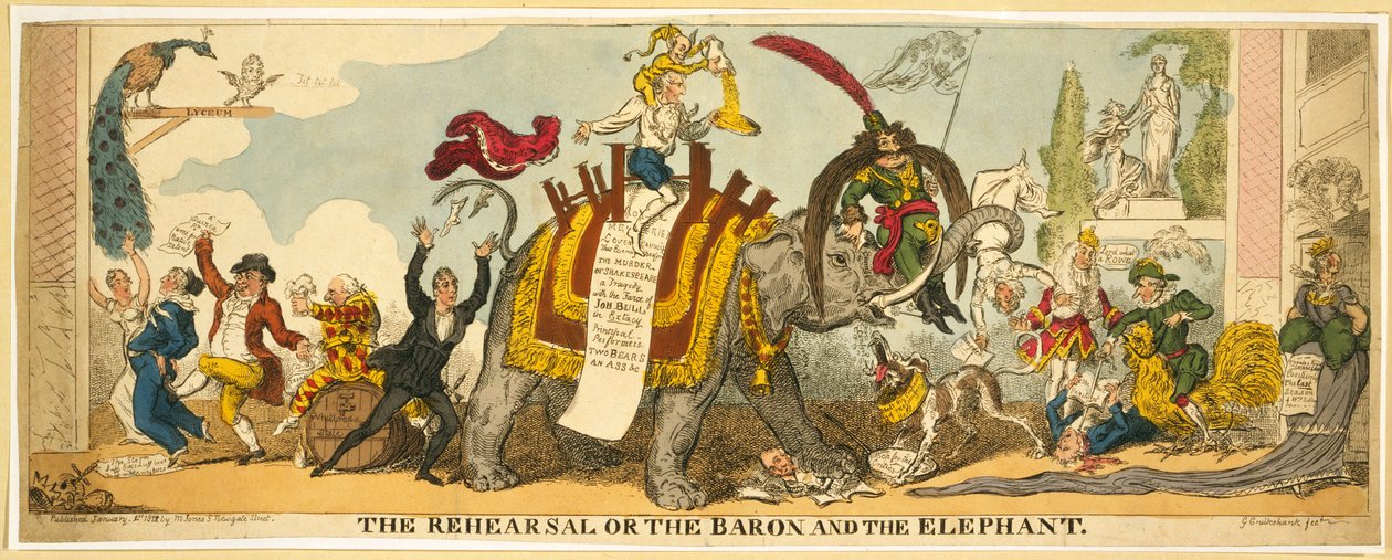 Próba czyli Baron i Słoń, wyd. 1812 (grawerowanie ręcznie kolorowane) autorstwa George Cruikshank
