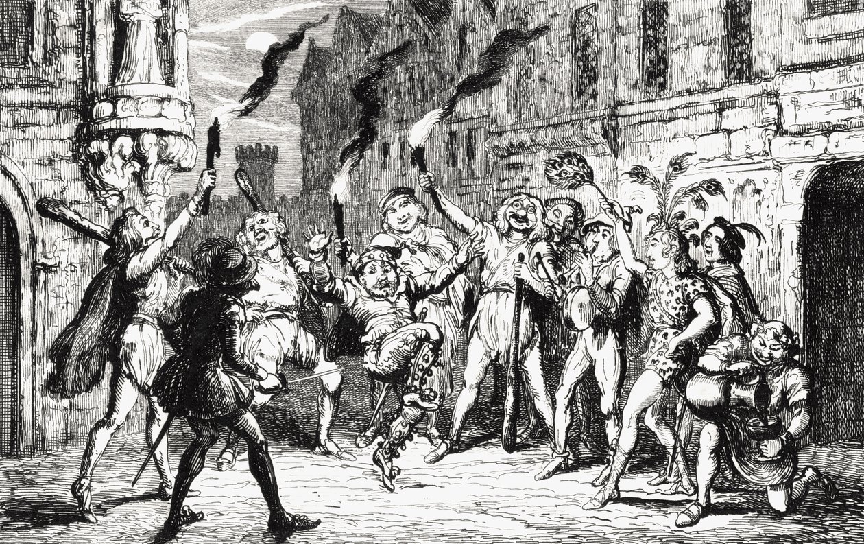 The Revellers, ilustracja z „The Fair Maid of Perth” Sir Waltera Scotta (1771-1832) opublikowana w 1845 r. autorstwa George Cruikshank