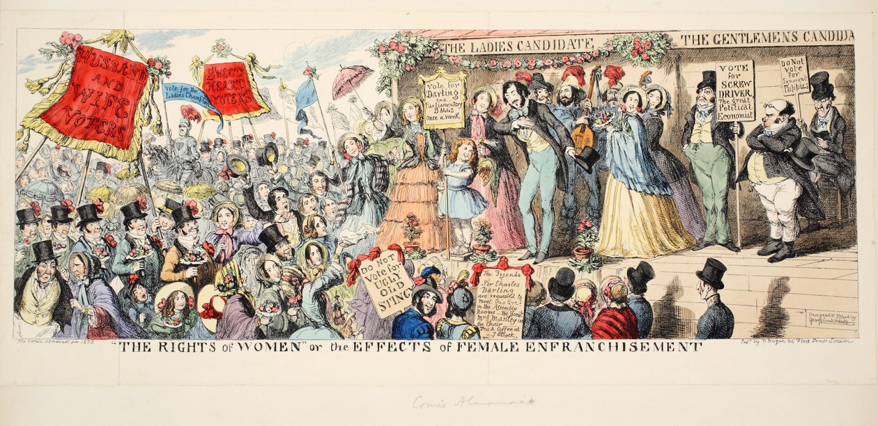 Prawa kobiet, czyli skutki uwłaszczenia kobiet, wyd. 1853 (grawerowanie ręcznie kolorowane) autorstwa George Cruikshank