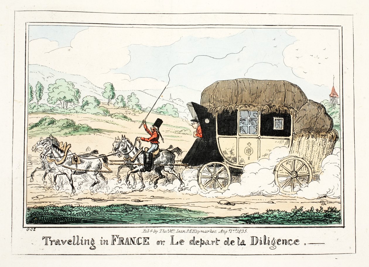 Podróżowanie po Francji lub Le Depart de la Diligence, 1835 (ręcznie barwiony grawerunek) autorstwa George Cruikshank