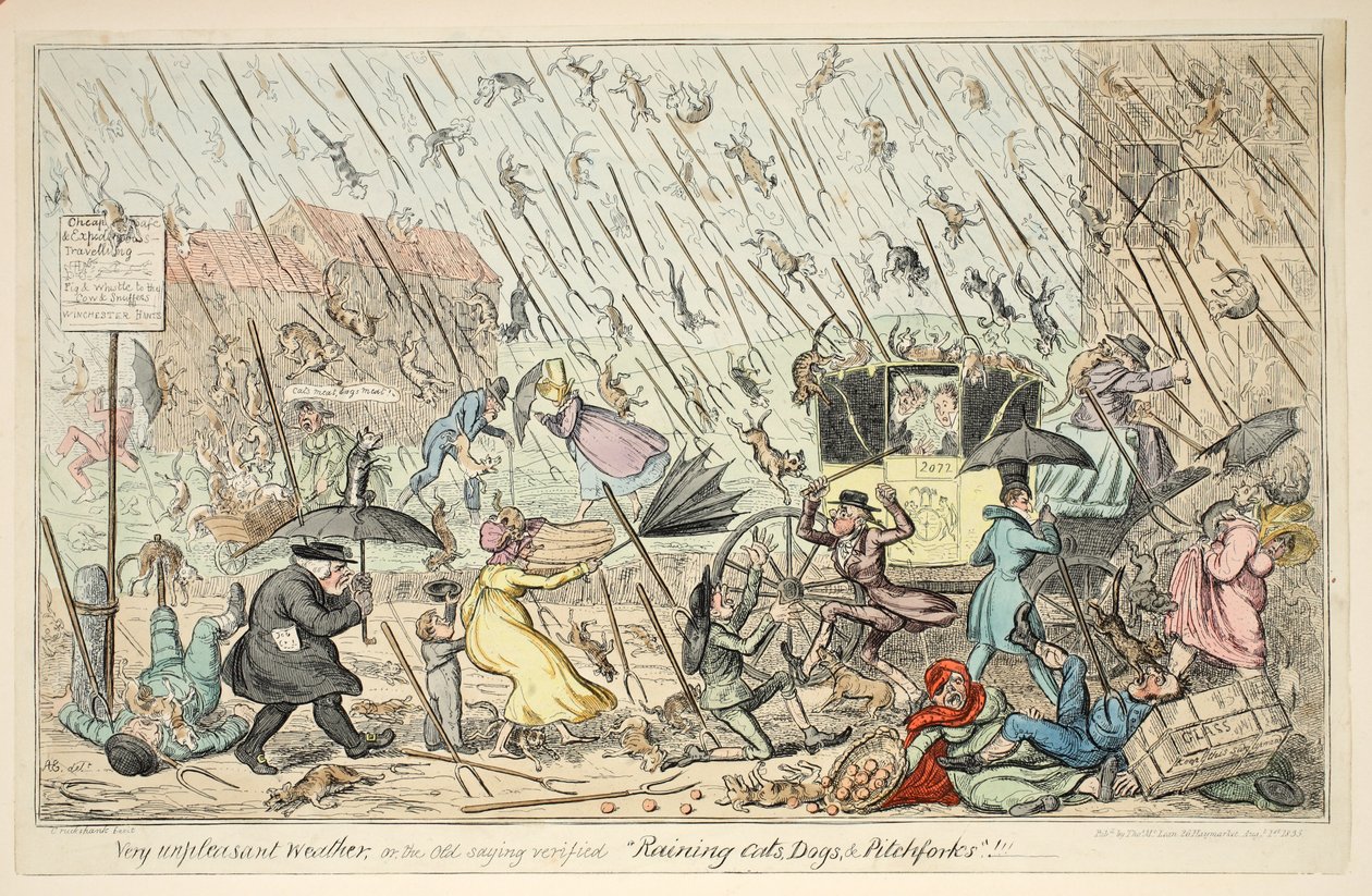 Very Unpleasant Weather or the Old Saying zweryfikowało „Deszczowe koty, psy i widły”, wydane przez Thomasa McLeana, 26 Haymarket, 1 sierpnia 1835 r. (Ręczne grawerowanie) autorstwa George Cruikshank