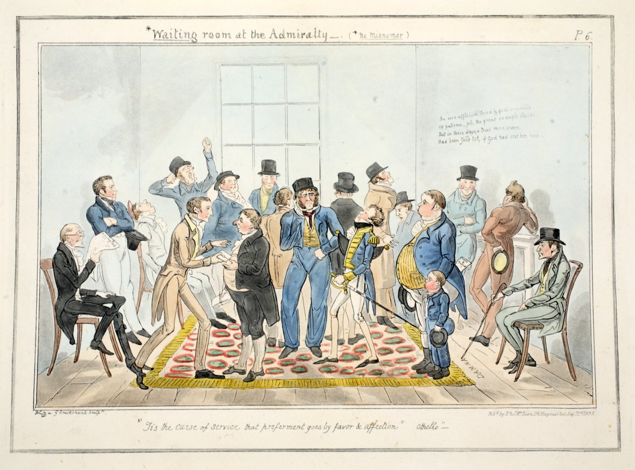 Poczekalnia w Admiralicji, z Postępy kadeta, wyd. 1835 (grawerowanie ręcznie kolorowane) autorstwa George Cruikshank