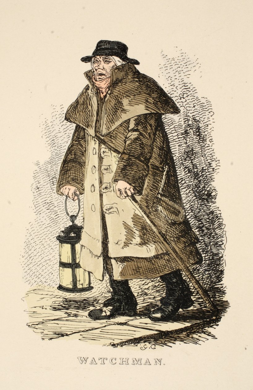 Watchman z The Gentlemans Pocket Magazine, wyd. 1827 (grawerowanie ręcznie kolorowane) autorstwa George Cruikshank
