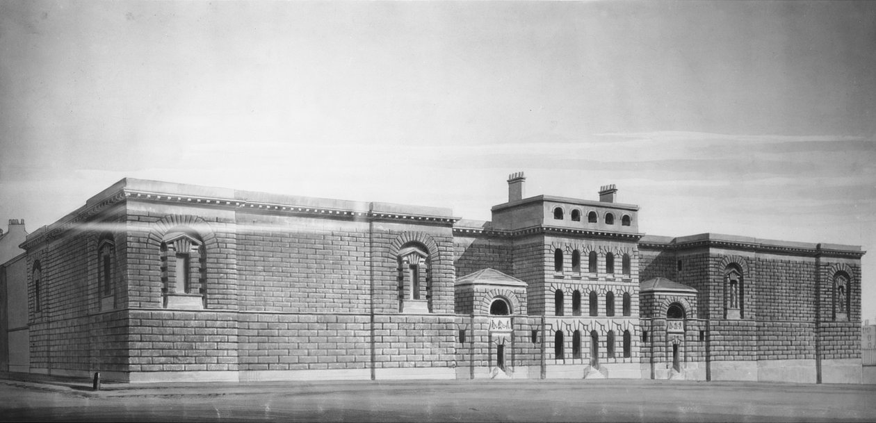 Newgate Gaol: Elewacja, rysunek (negatyw bw) autorstwa George Dance