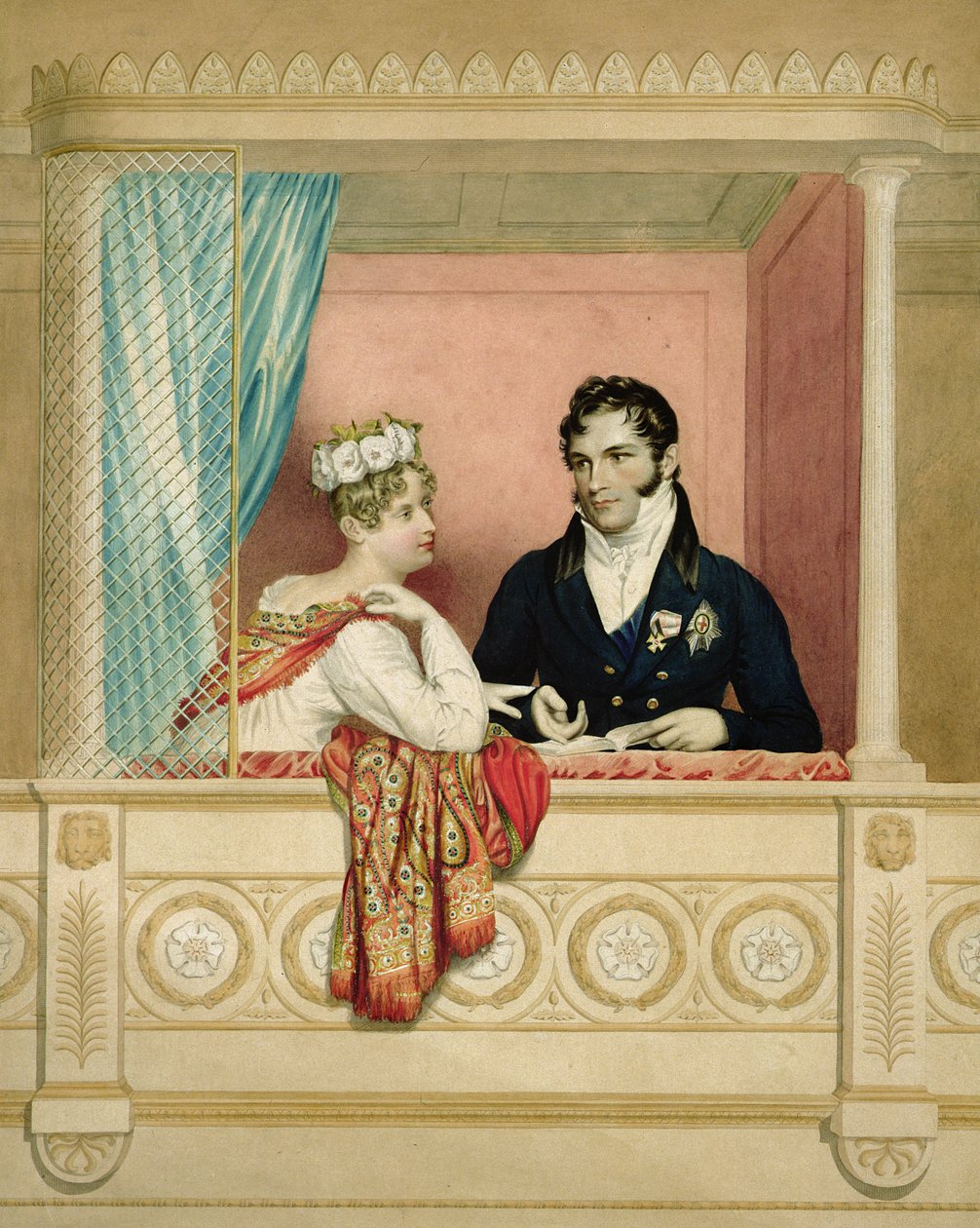 Księżniczka Charlotte Augusta z Walii (1796-1817) i książę Leopold z Saxe Cobourg Gotha (1790-1865) w swojej loży w Covent Garden autorstwa George Dawe