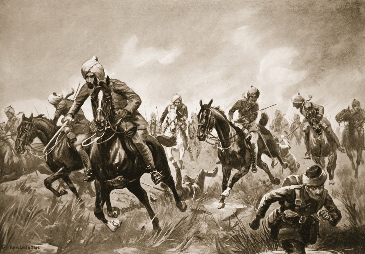 Jemadar Ram-Karan prowadzący swój oddział pod ciężkim ostrzałem karabinów przeciwko wycofywanemu wrogowi autorstwa George Derville Rowlandson