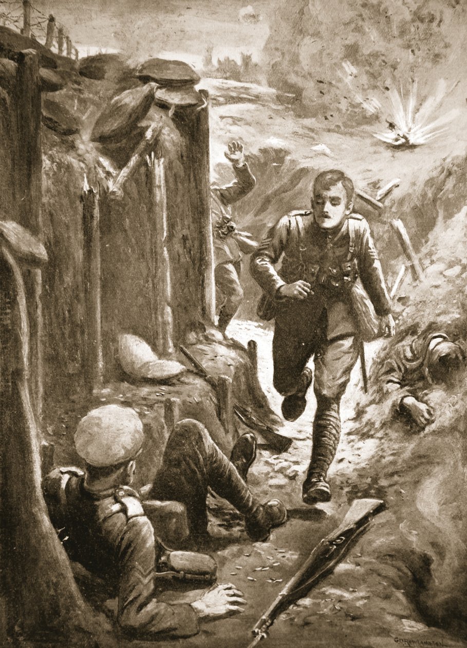Sierżant Tuersley biegnący na pomoc rannemu kapralowi, którego połowa nogi została oderwana przez pocisk autorstwa George Derville Rowlandson