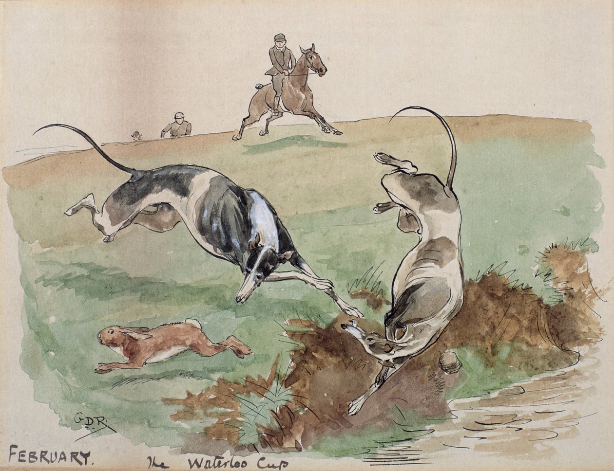 Miesiąc luty: Coursing (pióro, tusz i wc na papierze) autorstwa George Derville Rowlandson