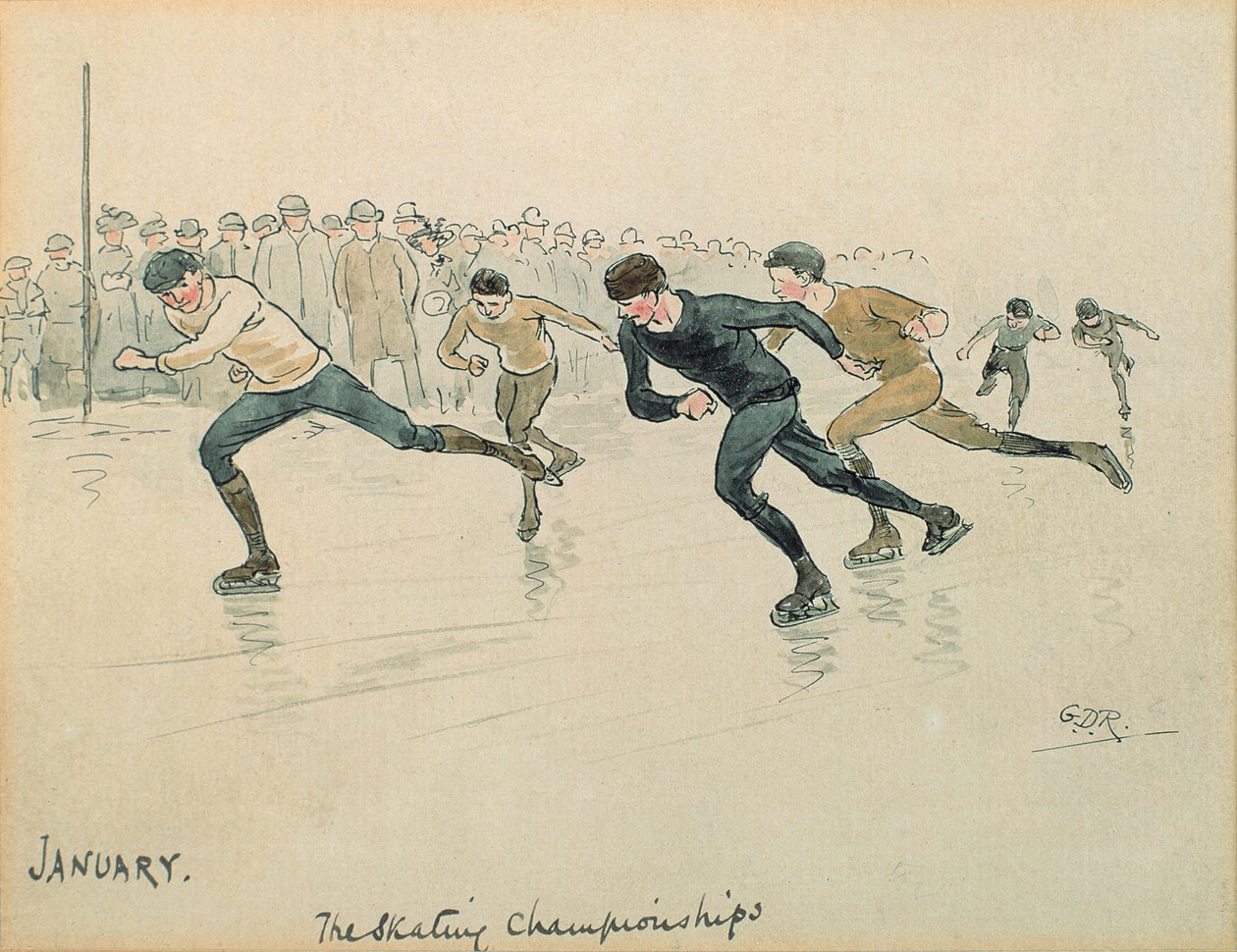 Miesiąc styczeń: jazda na łyżwach (pióro i atrament i toaleta na papierze) autorstwa George Derville Rowlandson