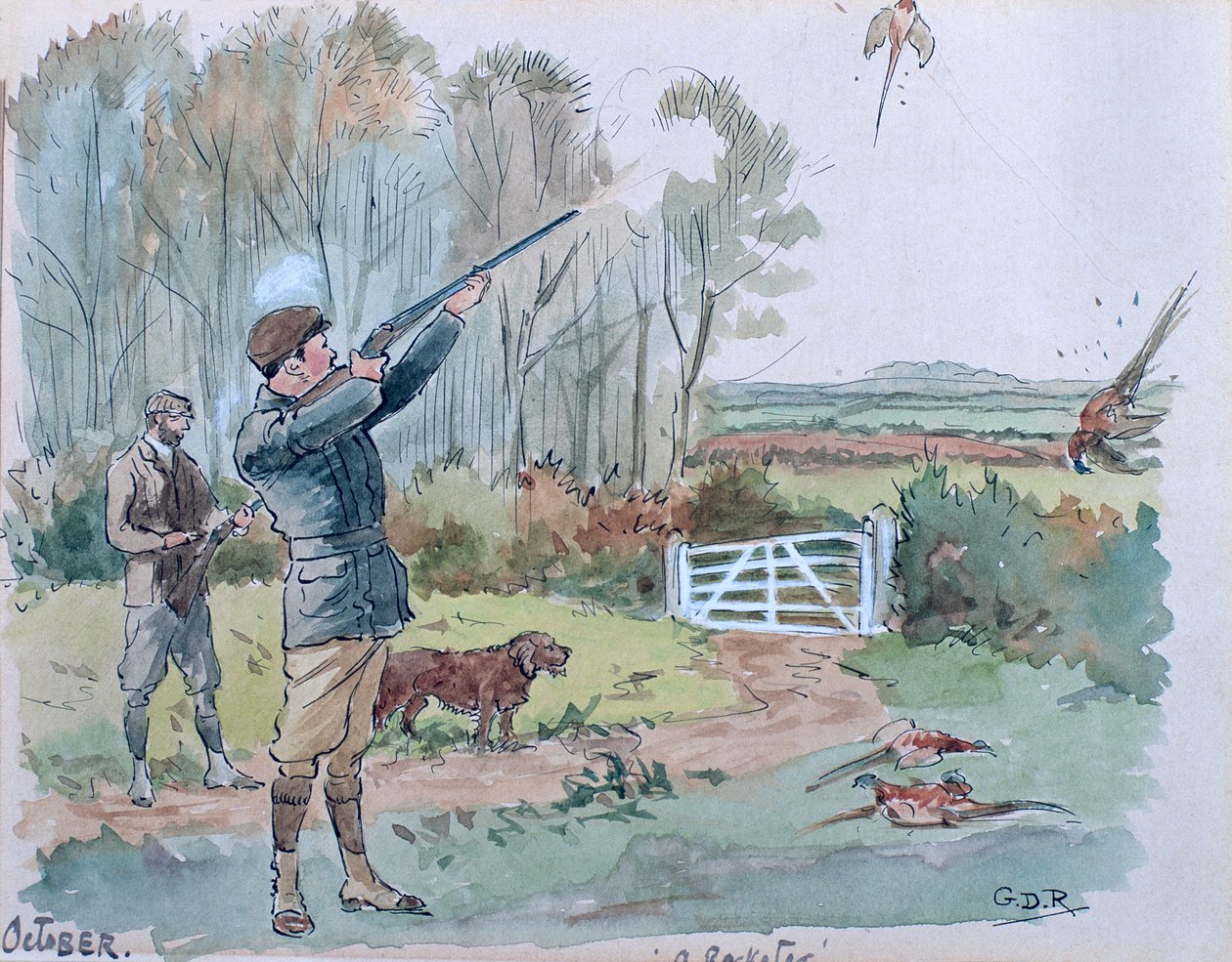 Miesiąc październik: Strzelanie do bażantów (pióro, tusz i wc na papierze) autorstwa George Derville Rowlandson