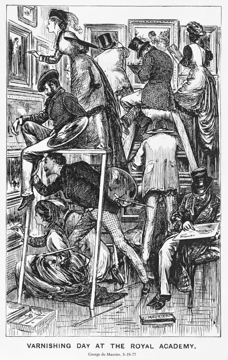 Dzień lakierowania w Akademii Królewskiej, ilustracja do „Punch”, 19 czerwca 1877 r. autorstwa George du Maurier