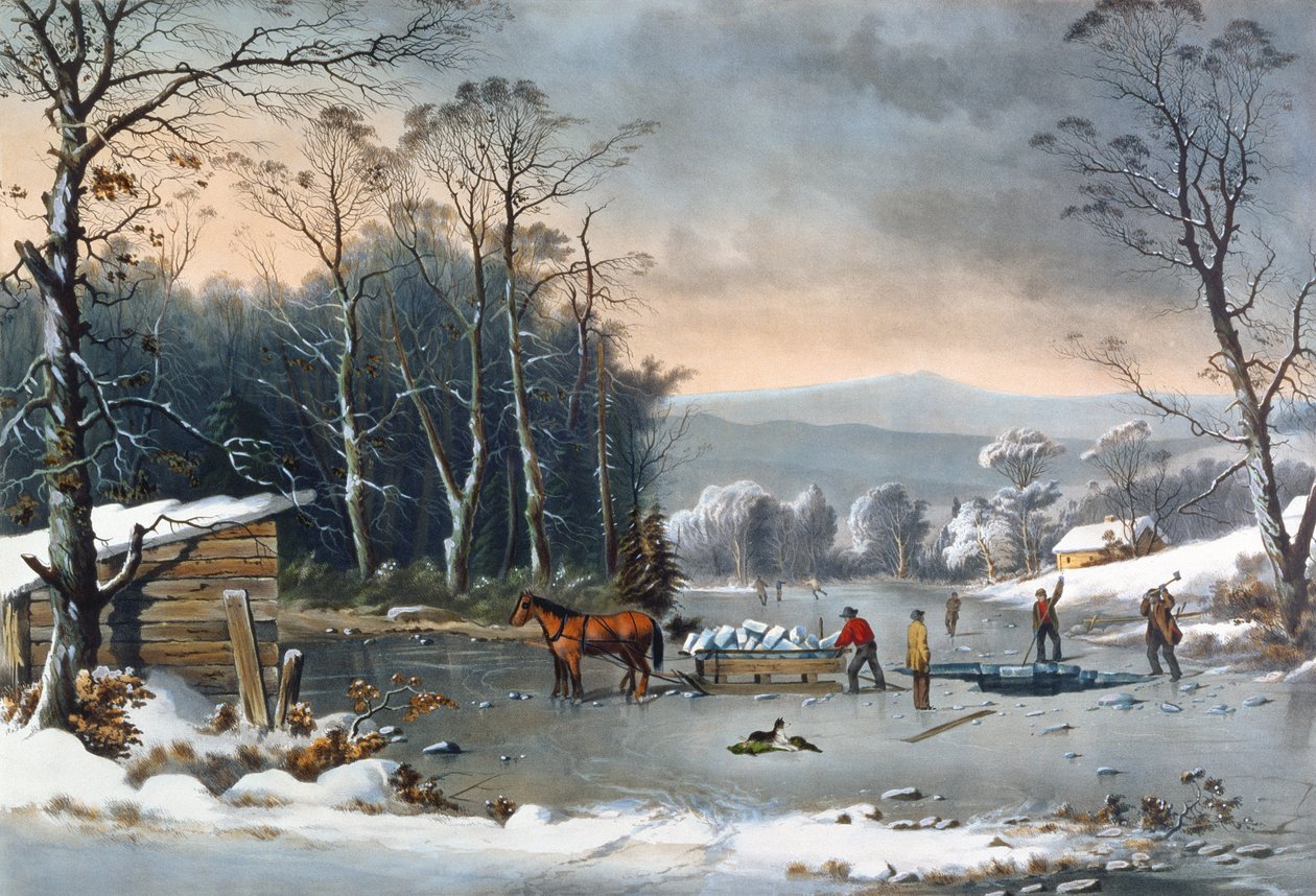 Zima na wsi, Zdobywanie lodu, wyd. autorstwa Currier i Ives, Nowy Jork, 1864 autorstwa George Henry Durrie