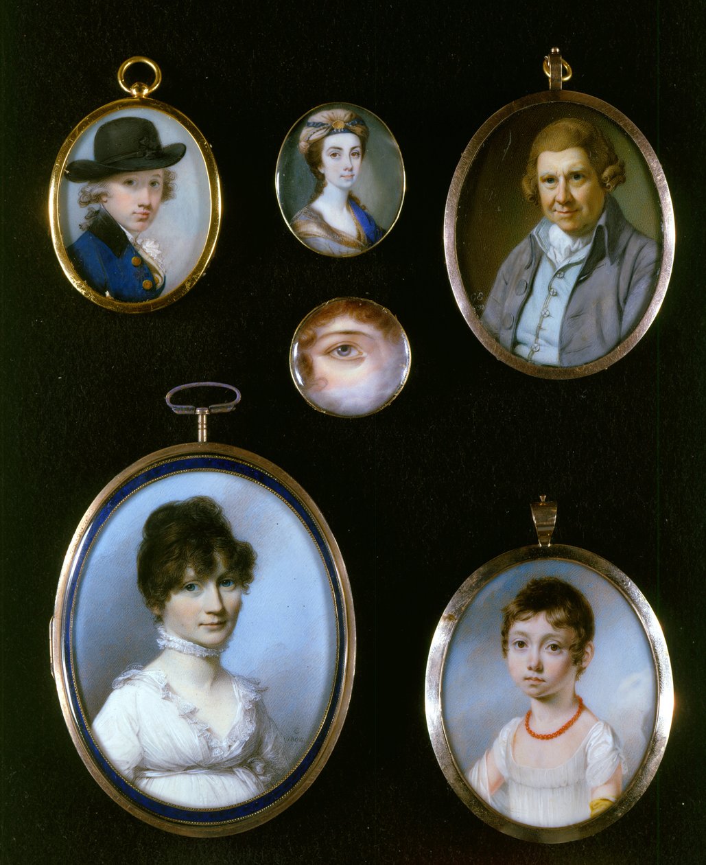 Miniatury portretowe, z LtoR i TtoB: Sir Thomas Terney; Nieznana kobieta; Williama Altona; Portret oka; Nieznana kobieta (1750-1829); Nieznana dziewczyna autorstwa J.C.D. Engleheart (1784-1862) autorstwa George Engleheart