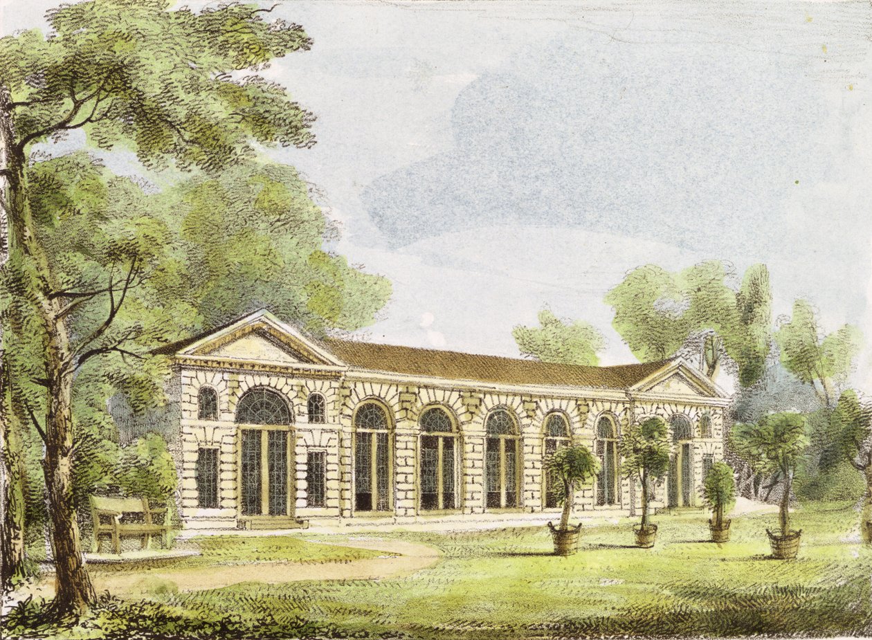 Oranżeria, Kew Gardens, tablica 11 z „Kew Gardens: A Series of Twenty-Four Drawings on Stone”, sztychowana przez Charlesa Hullmandela (1789-1850) wydana w 1820 r. (litografia ręcznie kolorowana) autorstwa George Ernest Papendiek