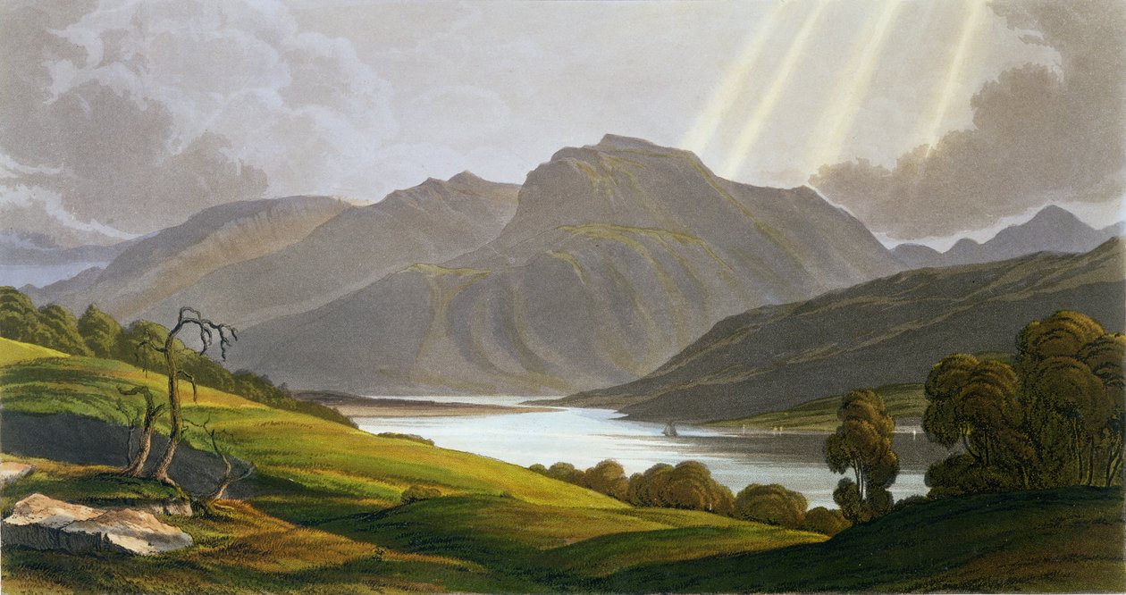 Ben Nevis, tablica XII z "Krajobrazy Gór Grampian", wystawiona 1811, opublikowana 1819 (rycina ręcznie kolorowana) autorstwa George Fennel Robson