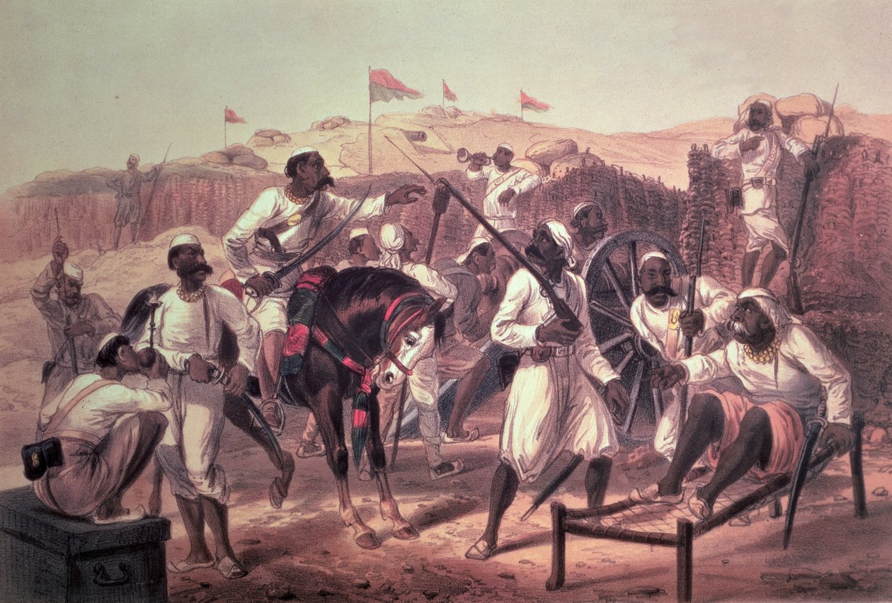 Mutinous Sepoys, z "The Campaign in India 1857-58 from the drawings made during the eventful period of the Great Mutiny..." opublikowane przez Day und Son, 1857-58 autorstwa George Francklin Atkinson