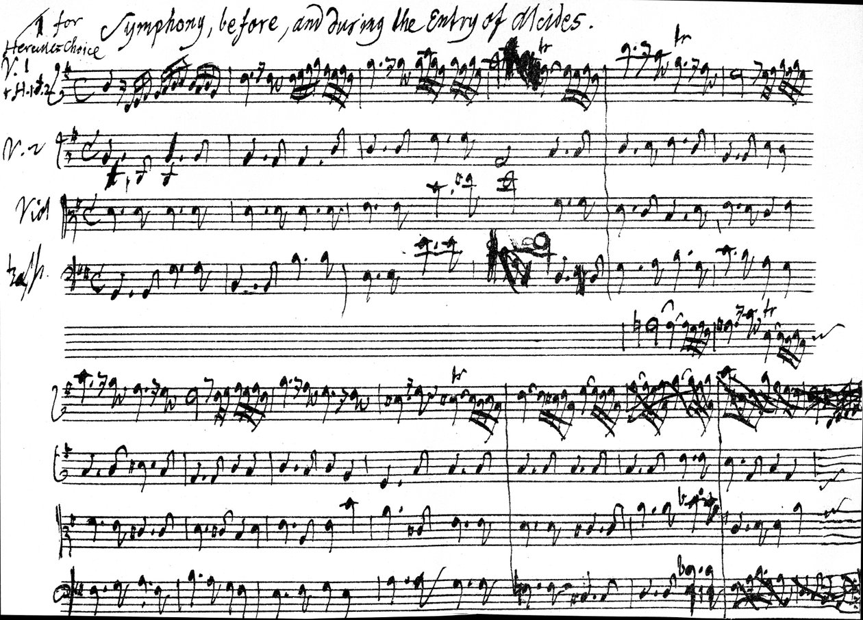 Oryginalna partytura początku symfonii towarzyszącej wejściu Alcidesa w sztuce Tobiasa Smolletta "Alcestes", do muzyki Haendla między 27 grudnia. 1749 r. a 8 stycznia 1750 r., 1750 r. (pióro a autorstwa George Frederick Handel