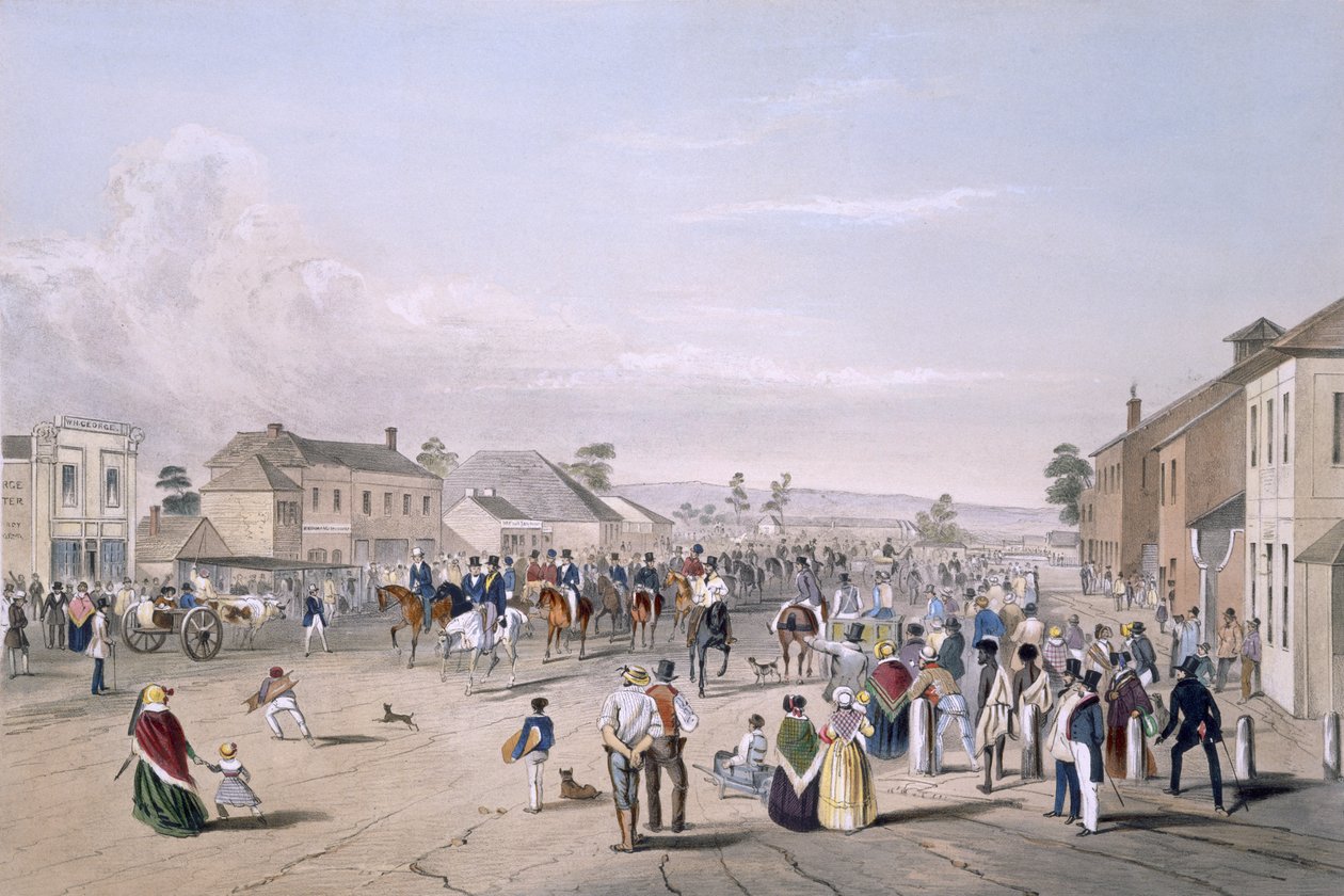 Wyjazd kapitana Sturt, sierpień 1844, z „South Australia Illustrated”, publikacja 1847 (ręcznie kolorowane grawerowanie) autorstwa George French Angas