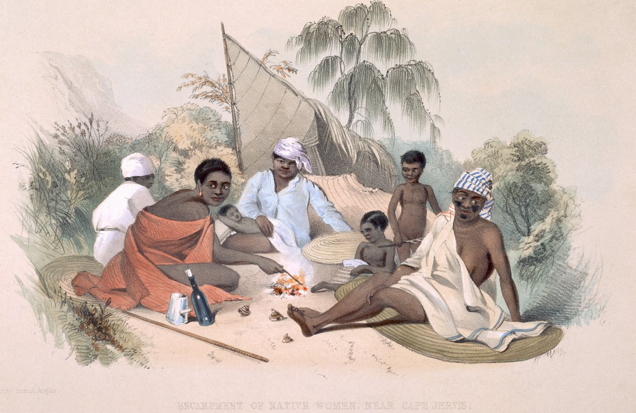 The Aboriginal Inhabitants: Obozowisko tubylczych kobiet, w pobliżu Cape Jervis, z „South Australia Illustrated”, opublikowane w 1847 r. (rycina ręcznie kolorowana) autorstwa George French Angas