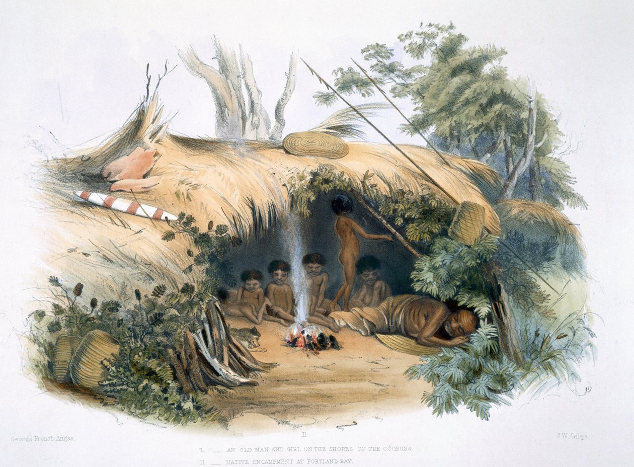 Aborygeni, II. Native Encampment w Portland Bay, „Cold Morning” i jego rodzina, z „South Australia Illustrated”, opublikowane w 1847 r. (ręcznie kolorowane grawerowanie) autorstwa George French Angas