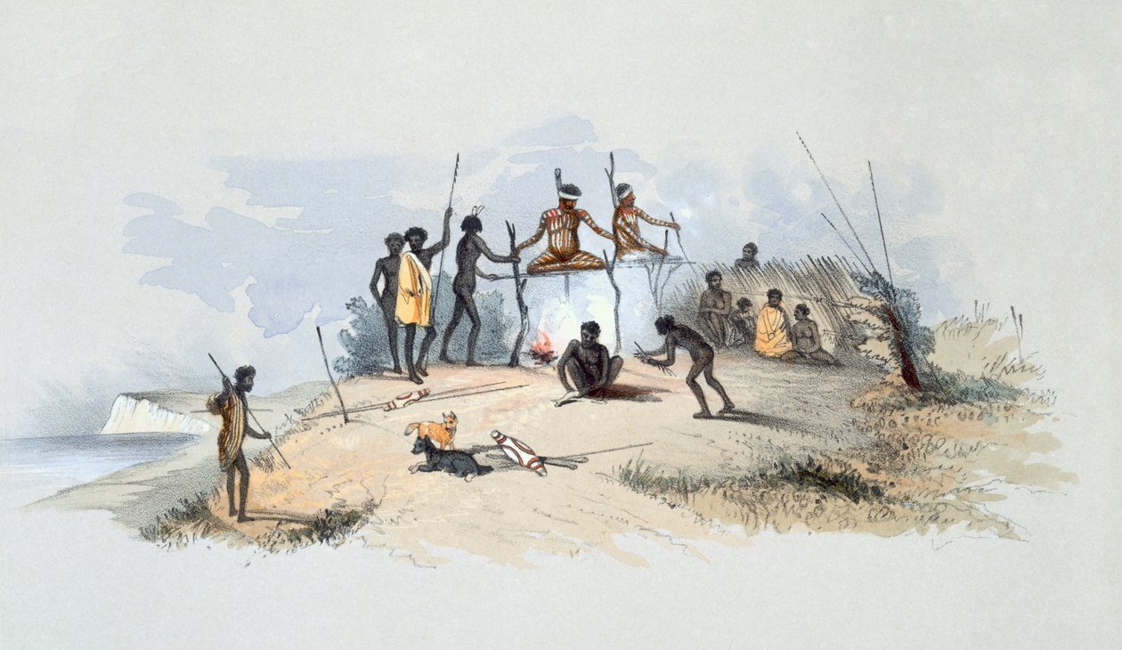 The Aborygeni mieszkańcy: rodzime grobowce i sposoby usuwania zmarłych, z „South Australia Illustrated”, opublikowana w 1847 r. (Ręcznie kolorowy grawerunek) autorstwa George French Angas