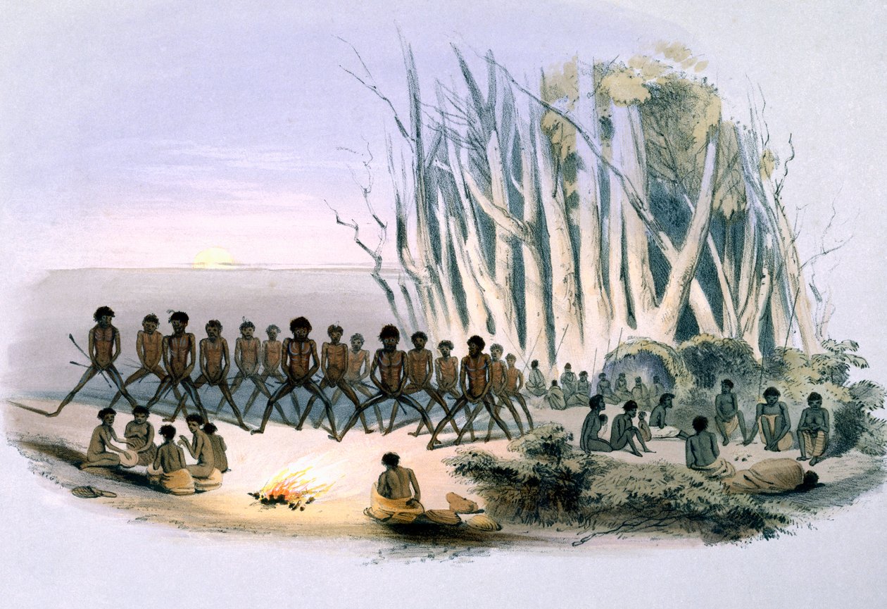 Mieszkańcy Aborygenów: Taniec Palti, z „South Australia Illustrated”, opublikowana w 1847 r. (rycina ręcznie kolorowana) autorstwa George French Angas