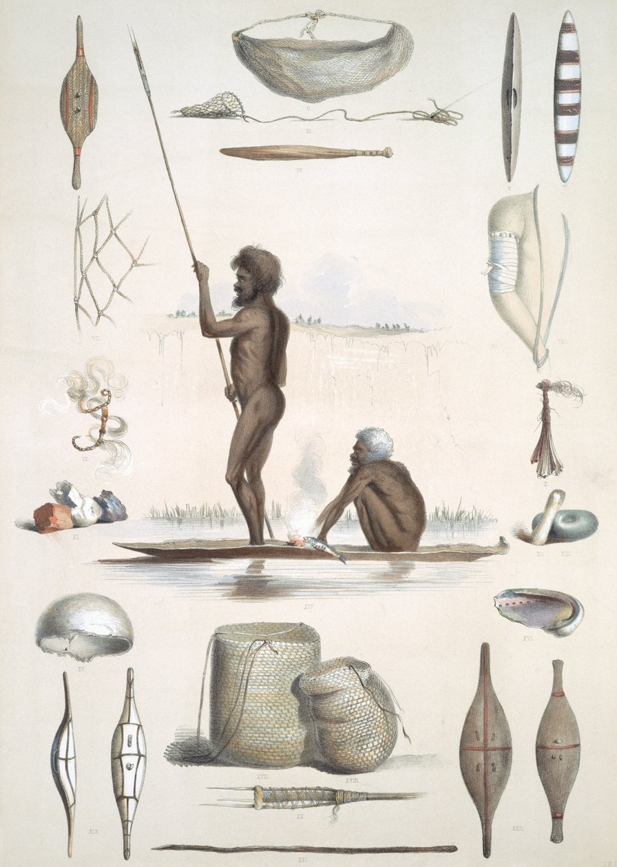 Mieszkańcy Aborygenów: z „South Australia Illustrated”, wydana w 1847 r. (ręcznie kolorowana grawerunek) autorstwa George French Angas