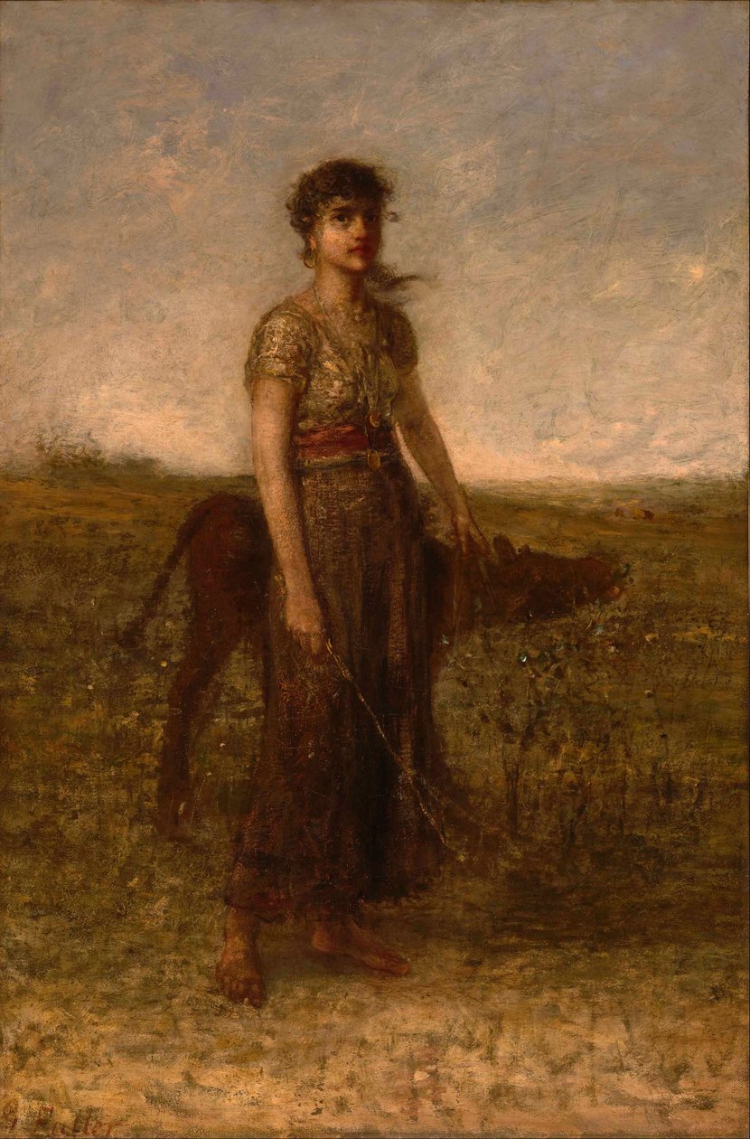Dziewczyna i cielę (prowadzone przez łąki) autorstwa George Fuller