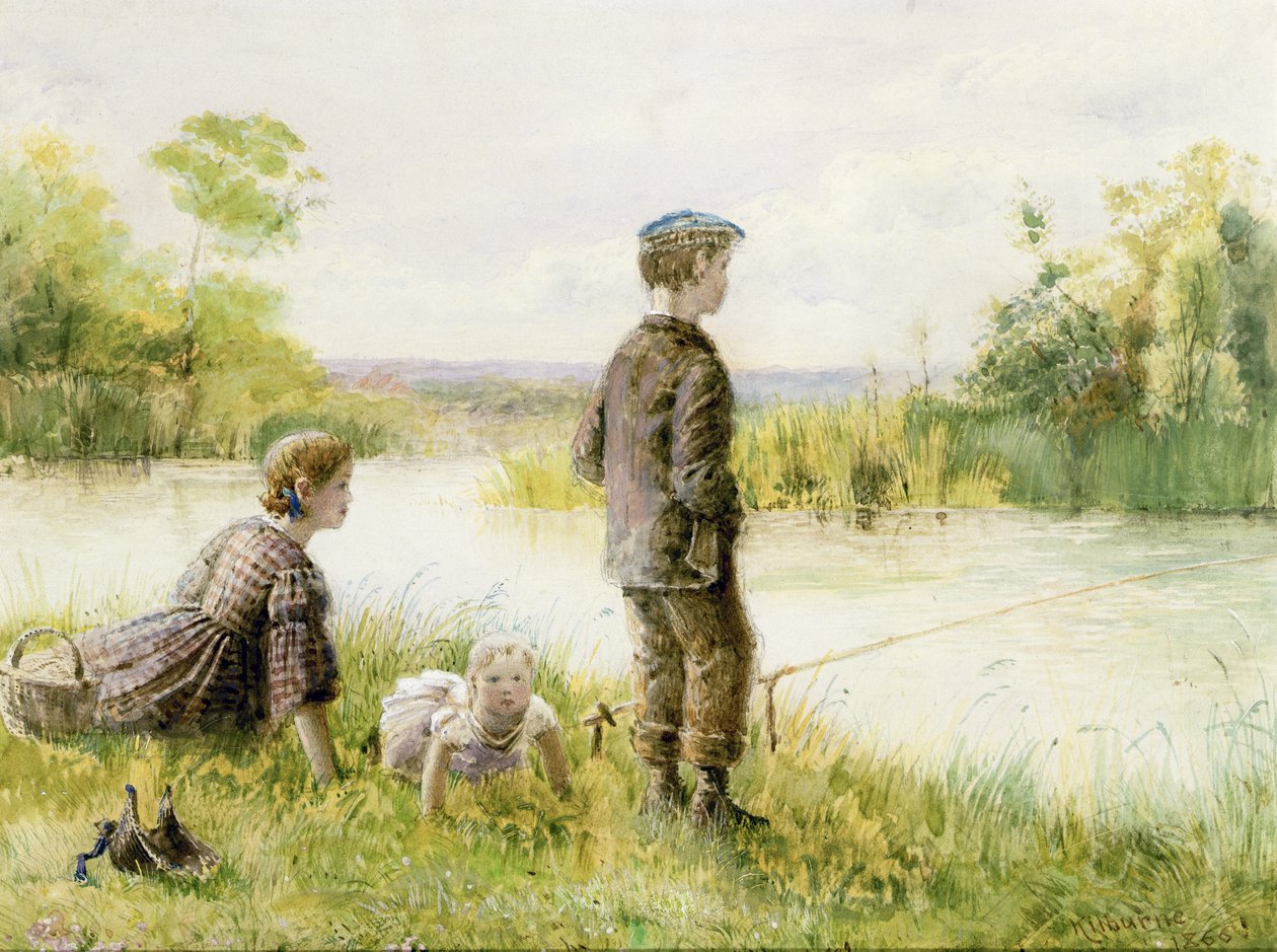 Dzieci łowiące ryby nad strumieniem autorstwa George Goodwin Kilburne