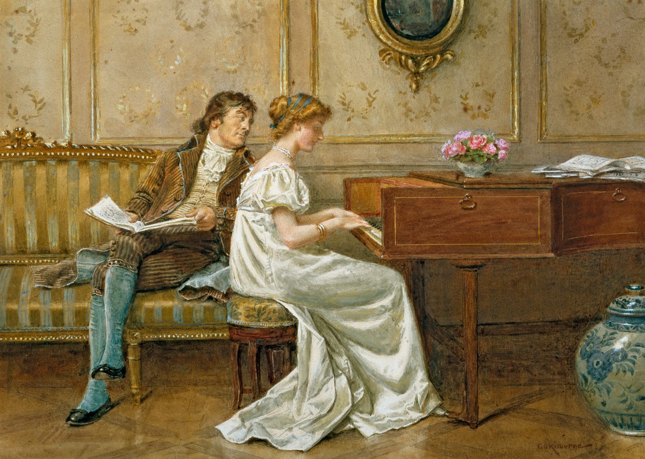 Nowy szpinet (ołówek, wc i gwasz na papierze) autorstwa George Goodwin Kilburne