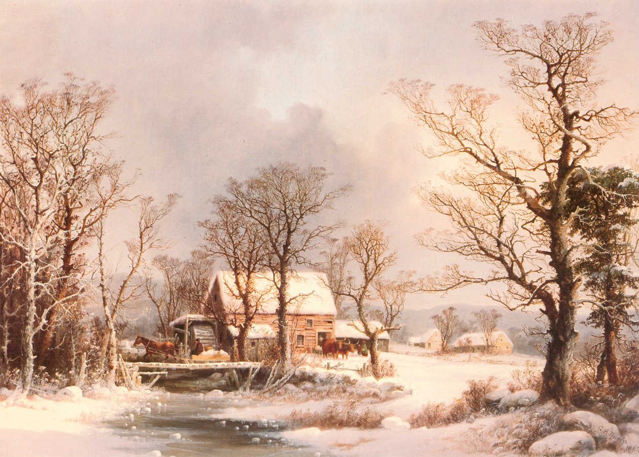 Zima na wsi, stary młyn przemiałowy autorstwa George Henry Durrie