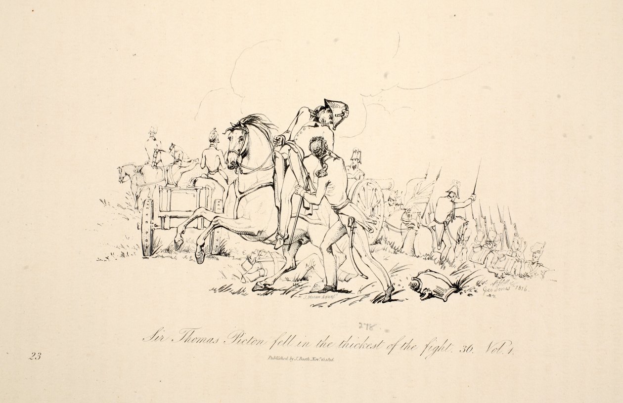 Sir Thomas Picton poległ w zaroślach w czasie walki, pub. J. Booth, 1816 autorstwa George Jones
