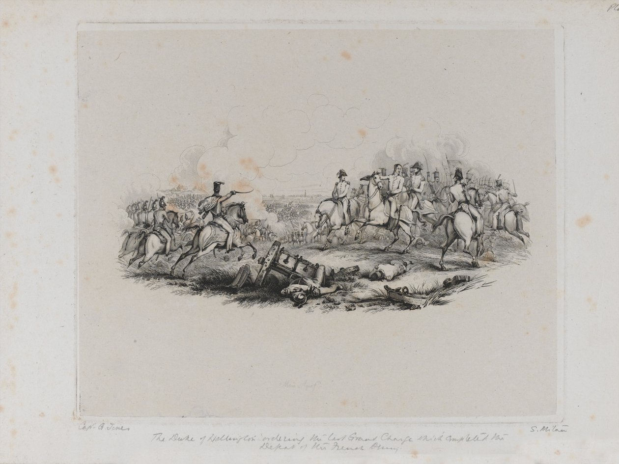 Pamiętna bitwa pod Waterloo - Książę Wellington przeprowadzający ostatnią szarżę, która zakończyła klęskę armii francuskiej, rycina Samuela Mitana, 1817 r. autorstwa George Jones