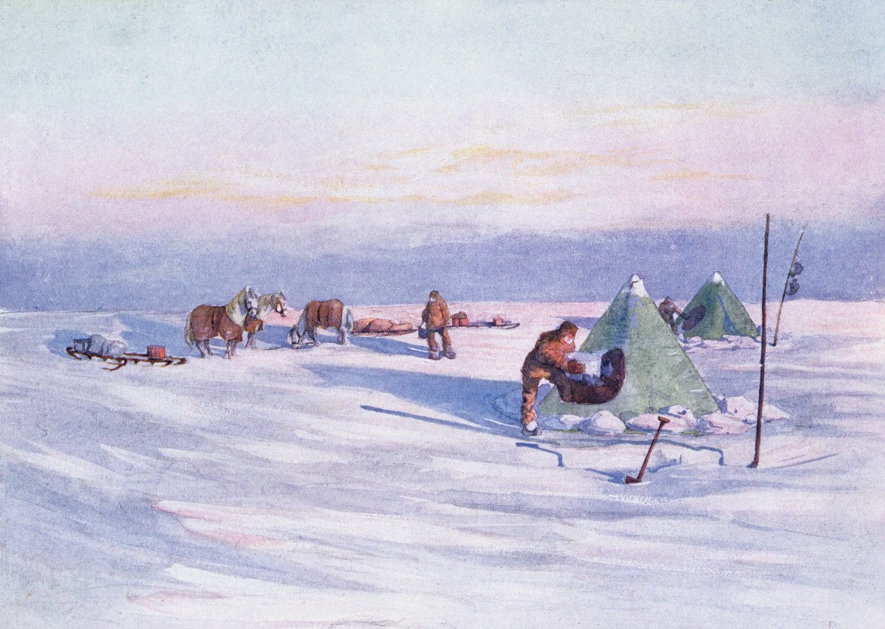 Organizacja obozu, ilustracja z książki "Nimrod na Antarktydzie 1907-09" napisanej przez Sir Ernesta Shackletona (1874-1922) autorstwa George Marston