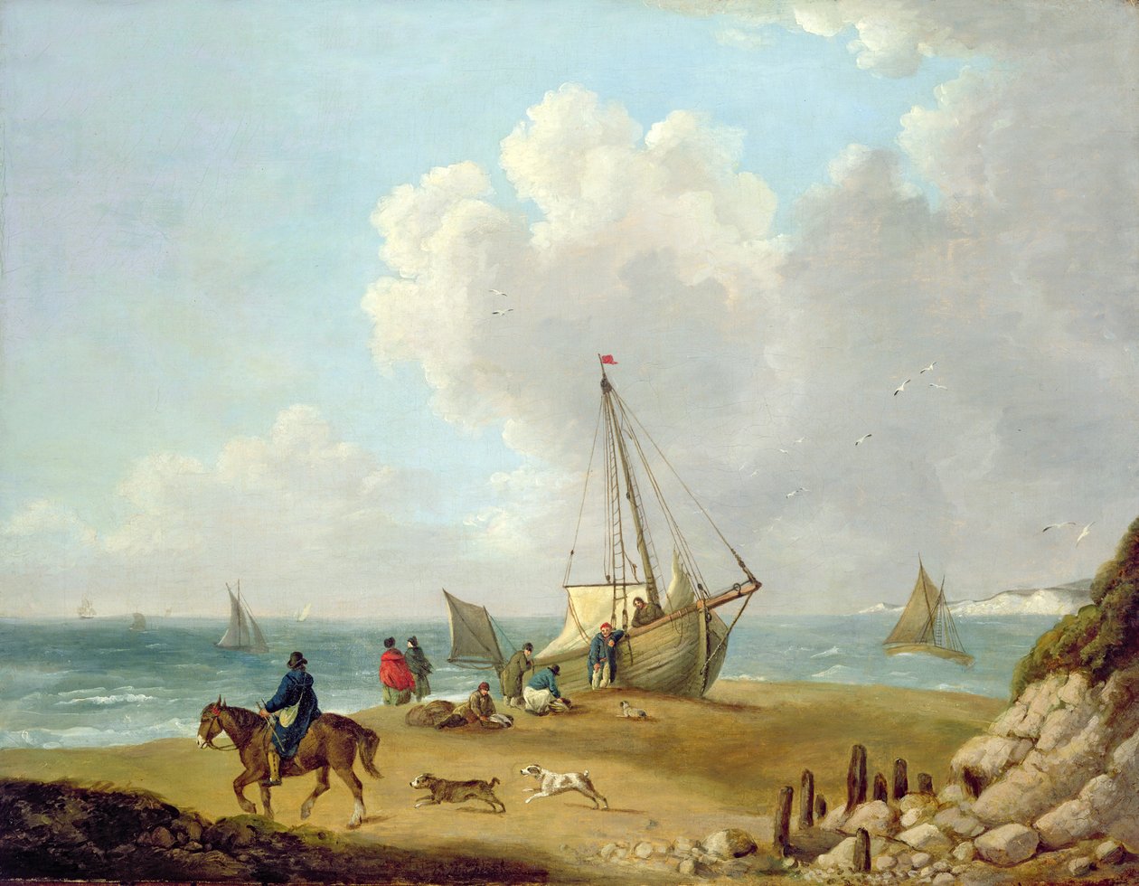 Fisherfolk rozładowuje swój połów w zatoce słodkowodnej na wyspie Wight autorstwa George Morland